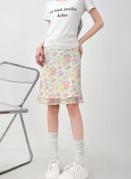 Floral Mesh A Line Slim Fit Midi Skirt