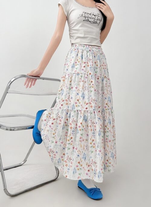 Floral Ruffle High Waist A Line Skirt