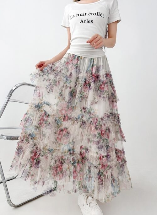 Floral Ruffle Mesh A Line Midi Skirt