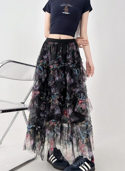 Floral Ruffle Mesh Layered Midi Skirt