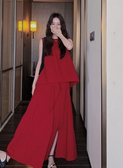 French Style Irregular Vest And Split Skirt Set