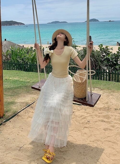 French Style Mesh Panel Skirt And Hollow Top Set