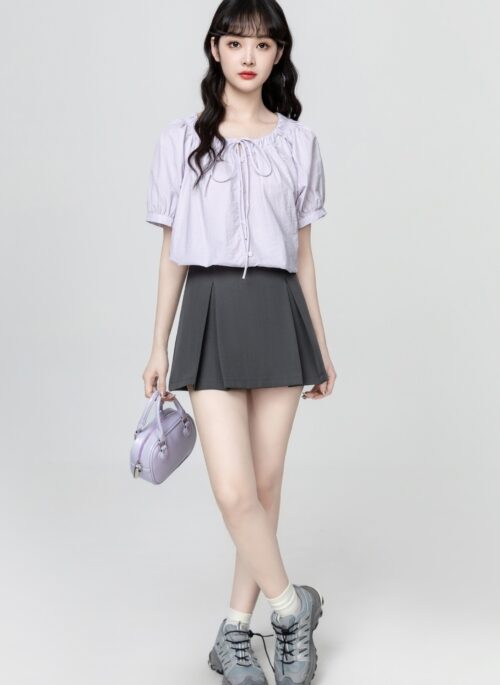 French Style Purple Puff Sleeve Bow Tie Blouse