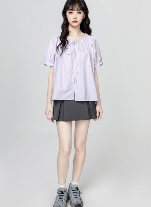 French Style Purple Puff Sleeve Short Sleeve Shirt