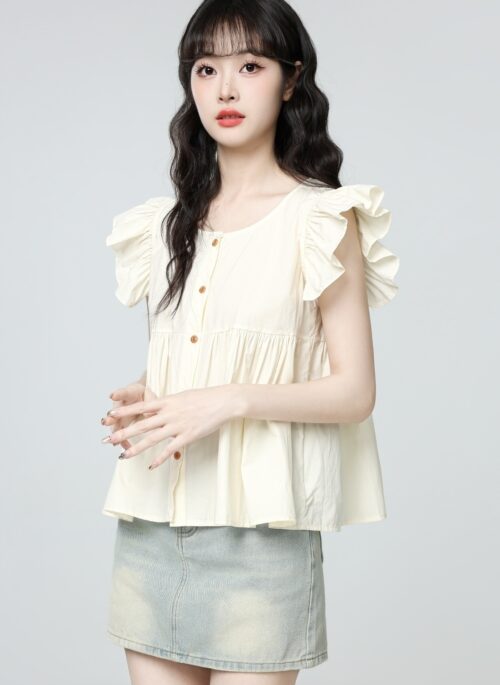 French Style Sleeveless Ruffle Blouse Summer Top