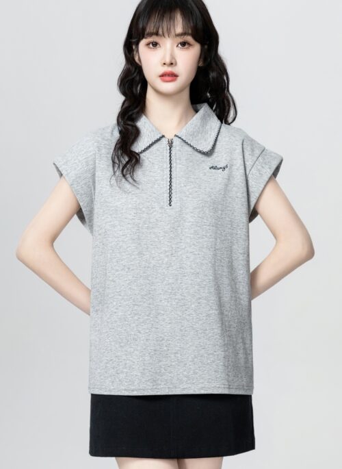 Gray Half Zip Short Sleeve Polo Shirt
