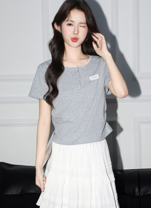 Gray Ruched Lace Trim Short Sleeve Top
