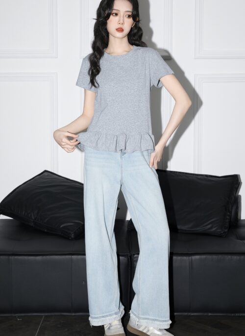 Gray Ruffle Crew Neck Short Sleeve Top