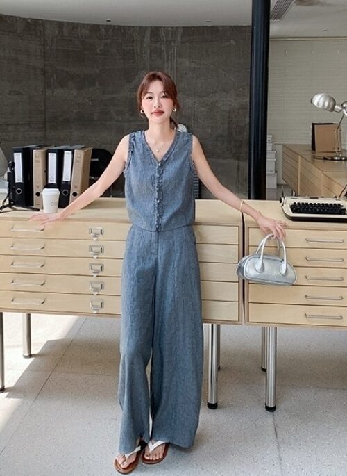 Gray Slim Fit Vest Wide Leg Pants Fashion Set