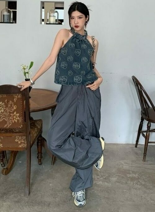 Grey Parachute Drawstring Pants | Rose - BlackPink