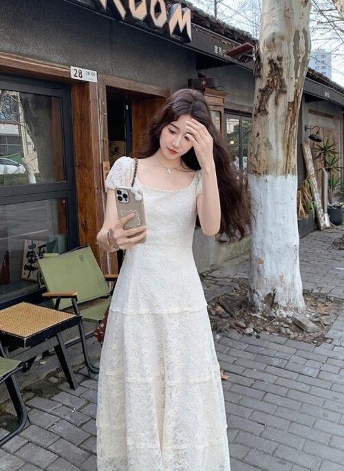 Ivory Lace Embroidered Puff Sleeve Maxi Dress