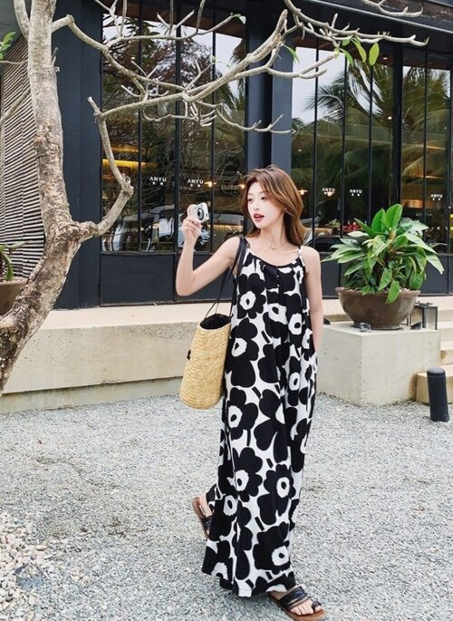 Korean Style Floral Print Lightweight Wide Leg Jumpsuit