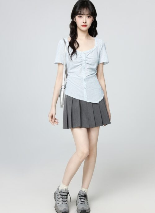 Light Blue Ruched Asymmetrical Hem Short Sleeve Top