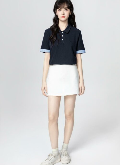Navy Blue Polo Collar Short Sleeve Summer Top