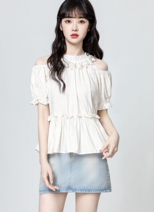 Offshoulder Ruffle Short Sleeve Blouse