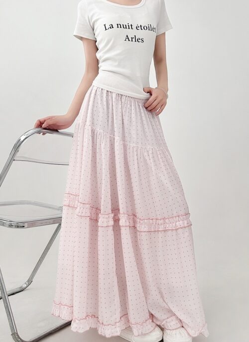 Pink Polka Dot Ruffled A Line Skirt