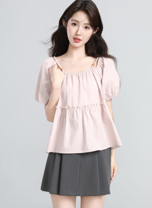 Pink Puff Sleeve Square Neck Casual Shirt