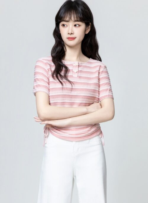 Pink Striped Ruched Short Sleeve Top