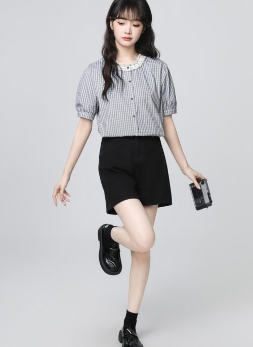 Plaid Puff Sleeve Ruffle Collar Short Sleeve Shirt