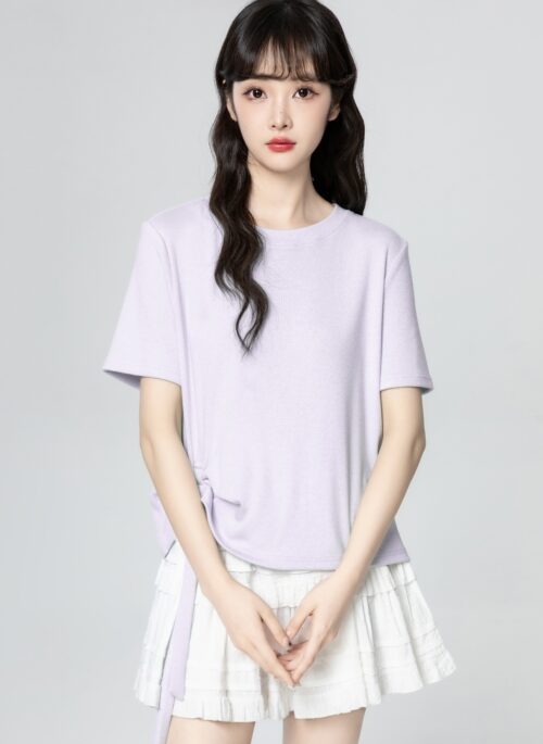 Purple Ruched Drawstring Irregular Hem Short Sleeve Top