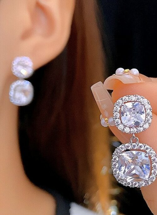 Silver Double Square Crystal Dangling Earrings | Julie – Kiss Of Life