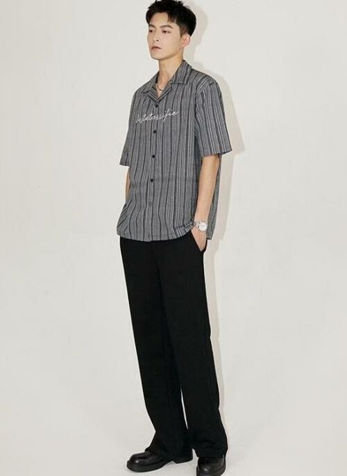 Striped Cuban Collar Embroidered Shirt