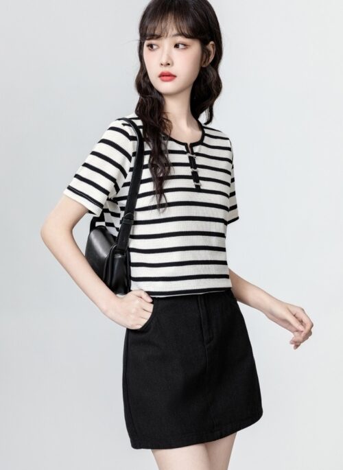 Striped Short Sleeve Colorblock Crewneck Casual Tee