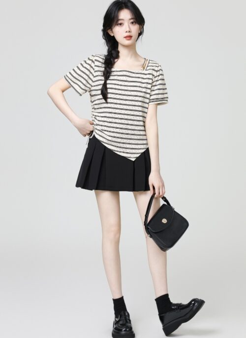 Striped Square Neck Ruched Short Sleeve Slim Top