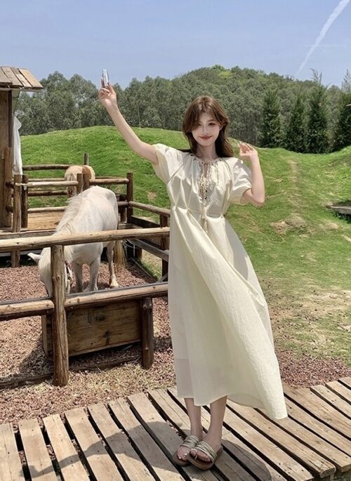 Summer Lace Up Puff Sleeve Flowy Vacation Dress