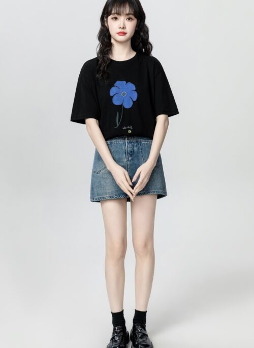 Vintage Black Floral Short Sleeve Casual T Shirt