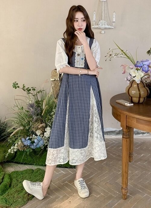 Vintage Blue Plaid Lace Button Strap Dress Set