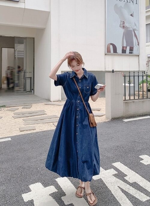 Vintage Denim Dress Casual Chic Shirt Dress