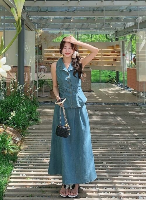 Vintage Denim Short Sleeve Shirt Skirt Set