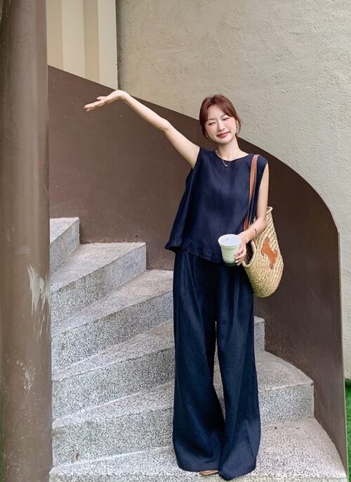 Vintage Style Fashion Two Piece Vest And Wide Leg Pants