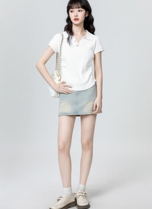 White Knit Polo Short Sleeve Top With Asymmetric Hem