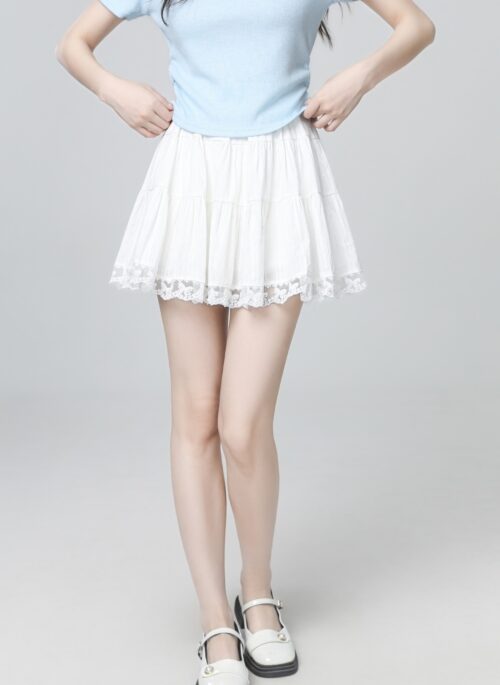 White Lace Patchwork High Waist Flared Skirt