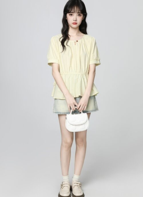 Yellow Hollow Out Puff Sleeve Loose Short Sleeve Shirt