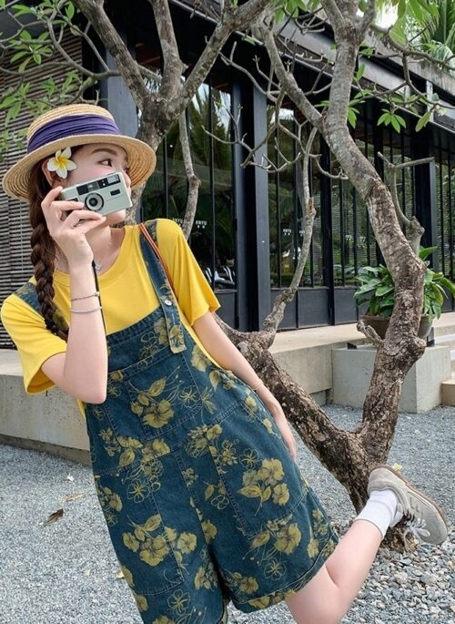 Yellow Print College Style Suspender Pants Set