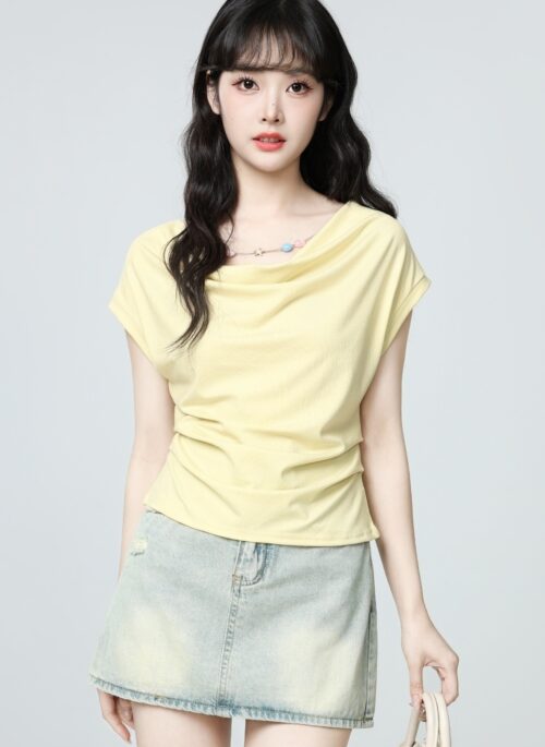 Yellow Ruched Waist Slim Fit Short Sleeve Top