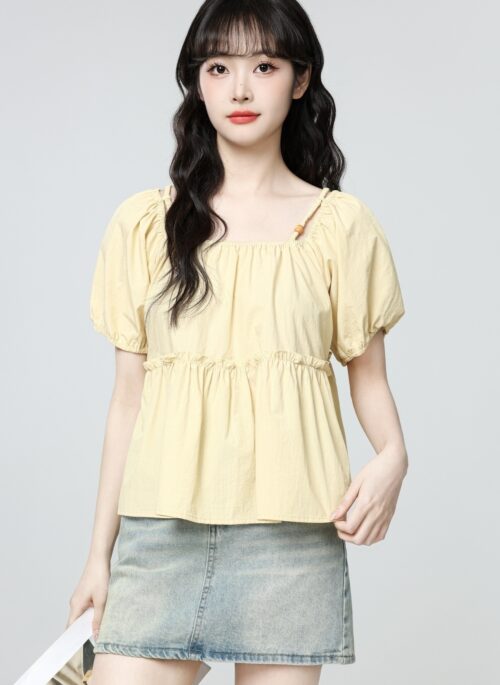 Yellow Ruffle Puff Sleeve Short Blouse