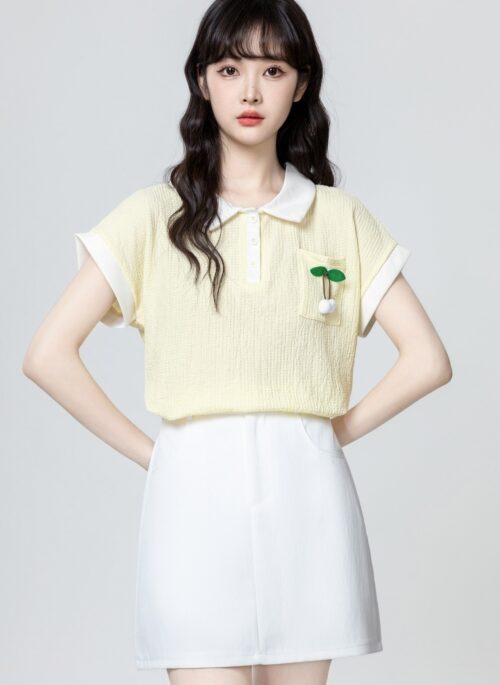 Yellow Short Sleeve Polo Collar Loose Top