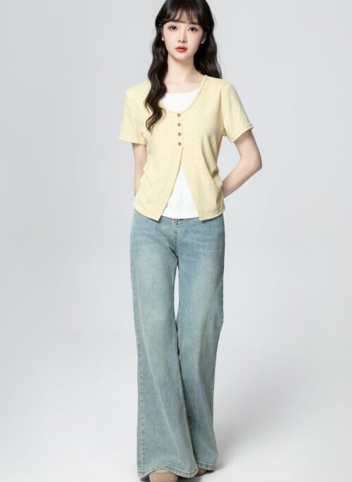 Yellow Twopiece Short Sleeve Colorblock Top