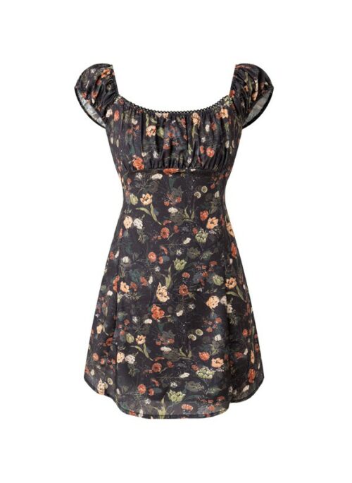Black Floral Puff-Sleeve Mini Dress | Ahyeon – BabyMonster