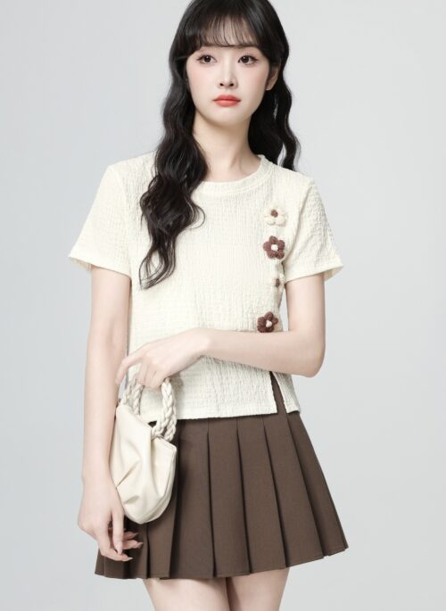 Beige Floral Loose Fit Split Hem Short Sleeve Top