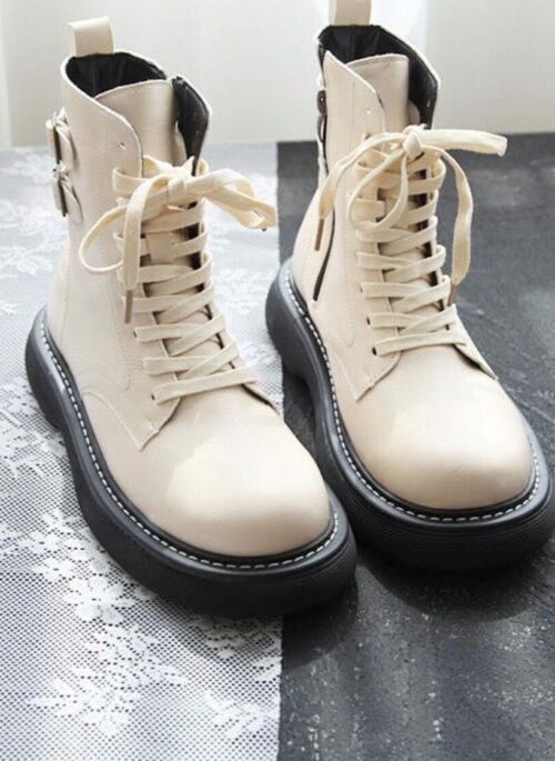 Beige Lace-Up Combat Boots | Shuhua – (G)I-DLE