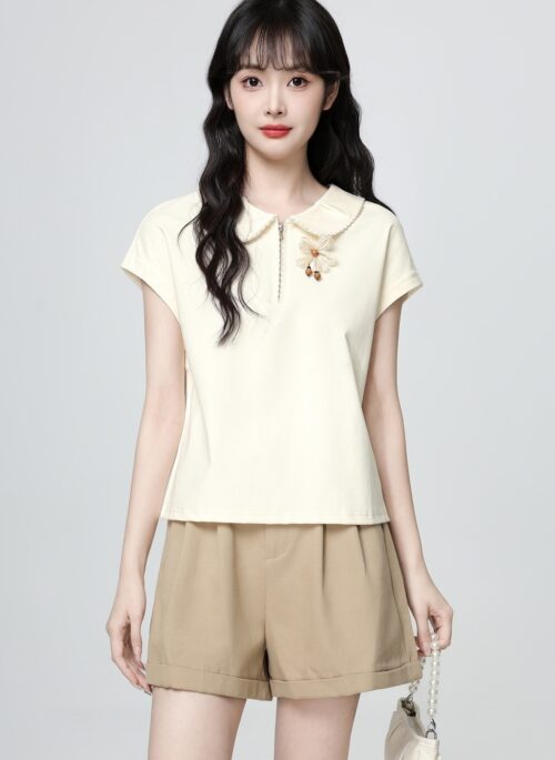 Beige Polo Collar Short Sleeve Top With Floral Design
