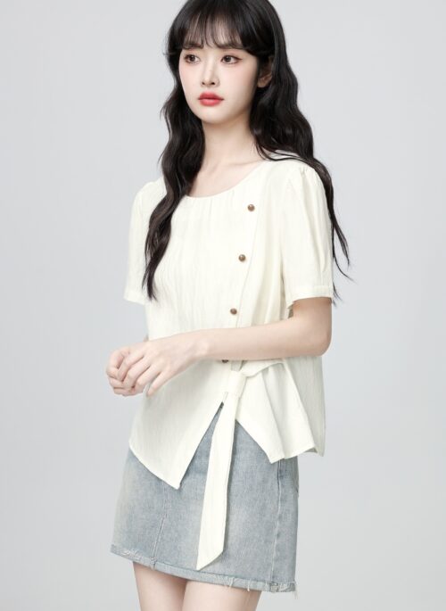 Beige Puff Sleeve Tie Front Short Sleeve Blouse