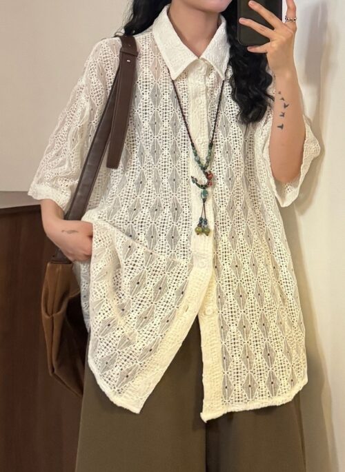 Beige Triangle Pattern Lace Shirt | Kim Mi Kyung - The Potato Lab