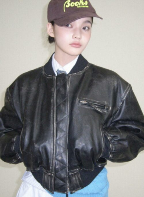 Black Chunky Faux Leather Short Biker Jacket | Iroha – ILLIT