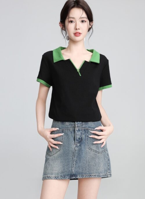 Black Contrast Collar V Neck Short Sleeve Top